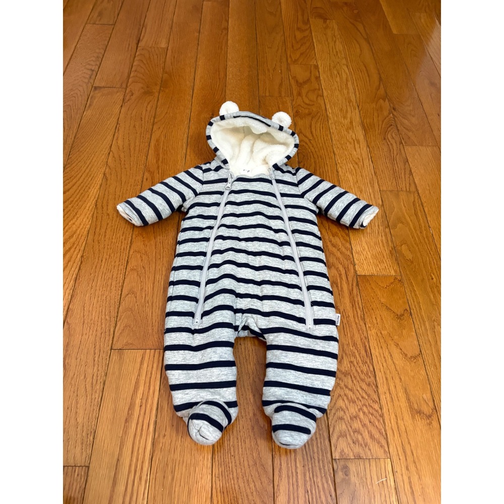 Baby Gap Striped Sherpa Lined Quilted Bunting Bear Ear Hood Grey Navy 0-3M